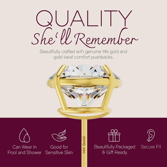 Solid 14k Yellow Gold Solitaire Round Cubic Zirconia CZ Stud Earrings with 14k G - Picture 7 of 9